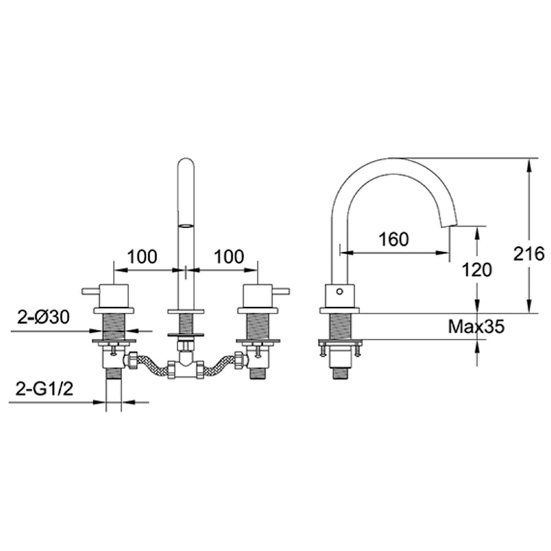 3 hole deck mounted bath taps Technical Drawing-Tapron