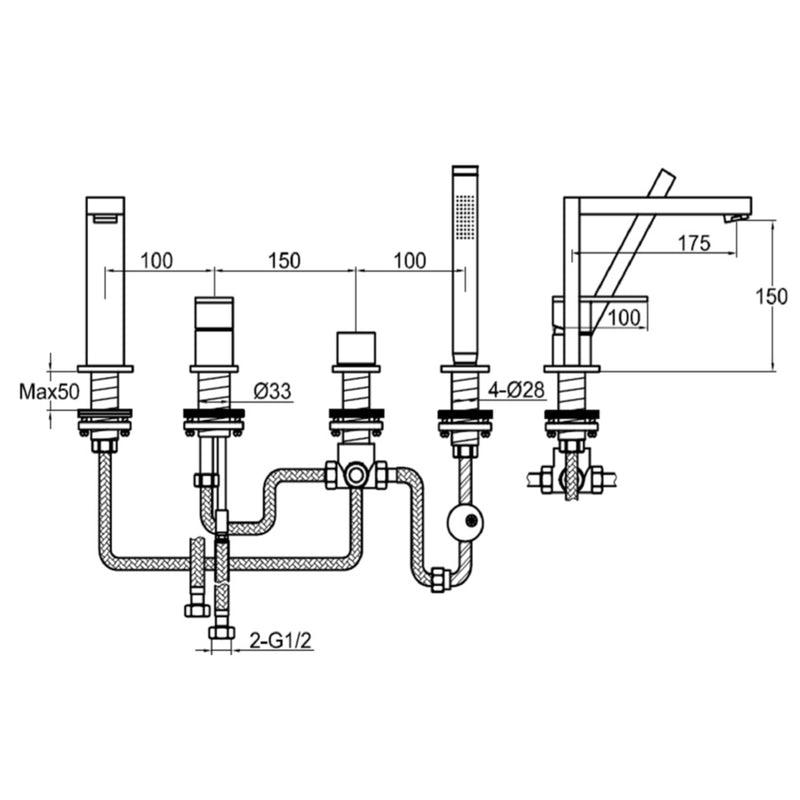bath shower mixer tap  with handset tapron technical drawing