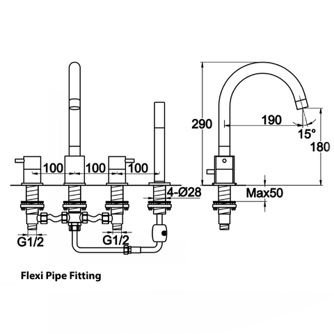4 hole bath filler  tapron  technical drawing