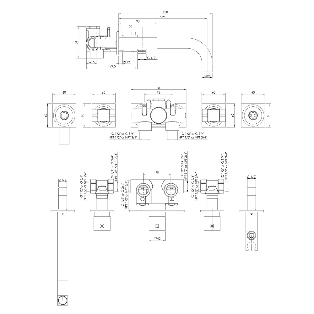 wall mounted thermostatic bath shower mixer technical drawing