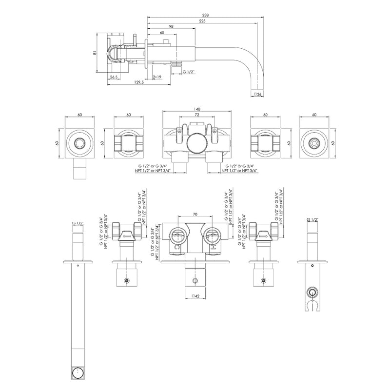wall mounted thermostatic bath shower mixer technical drawing