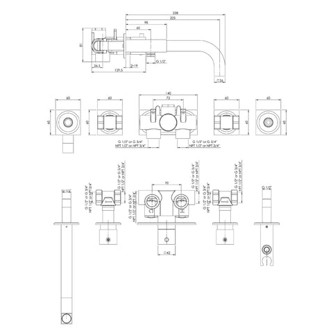 wall mounted thermostatic bath shower mixer technical drawing