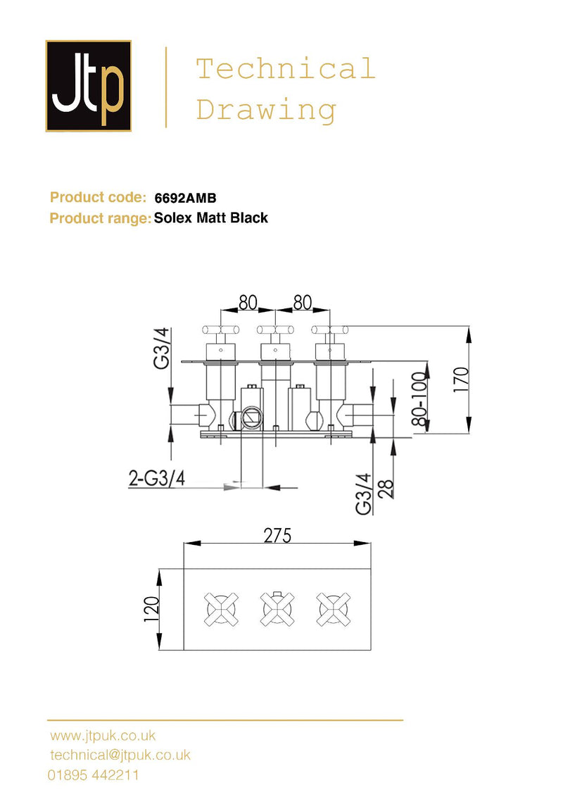Solex 3 Outlet Black Thermostatic Concealed Shower Valve, Horizontal, MP 0.5[6692AMB]