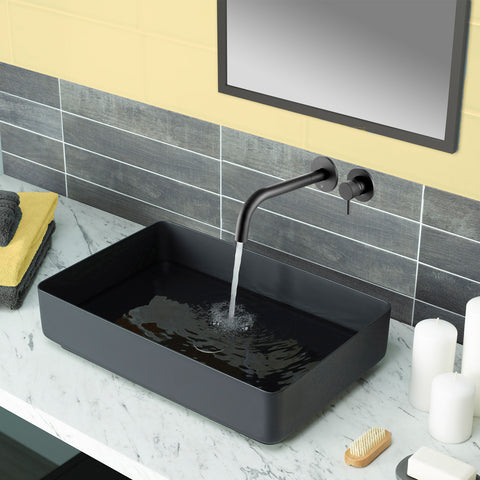 Single lever wall mounted matt black basin mixer tap with designer handle 