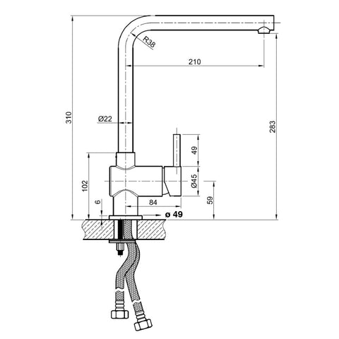 Single Lever Monobloc Kitchen Tap Technical Drawing