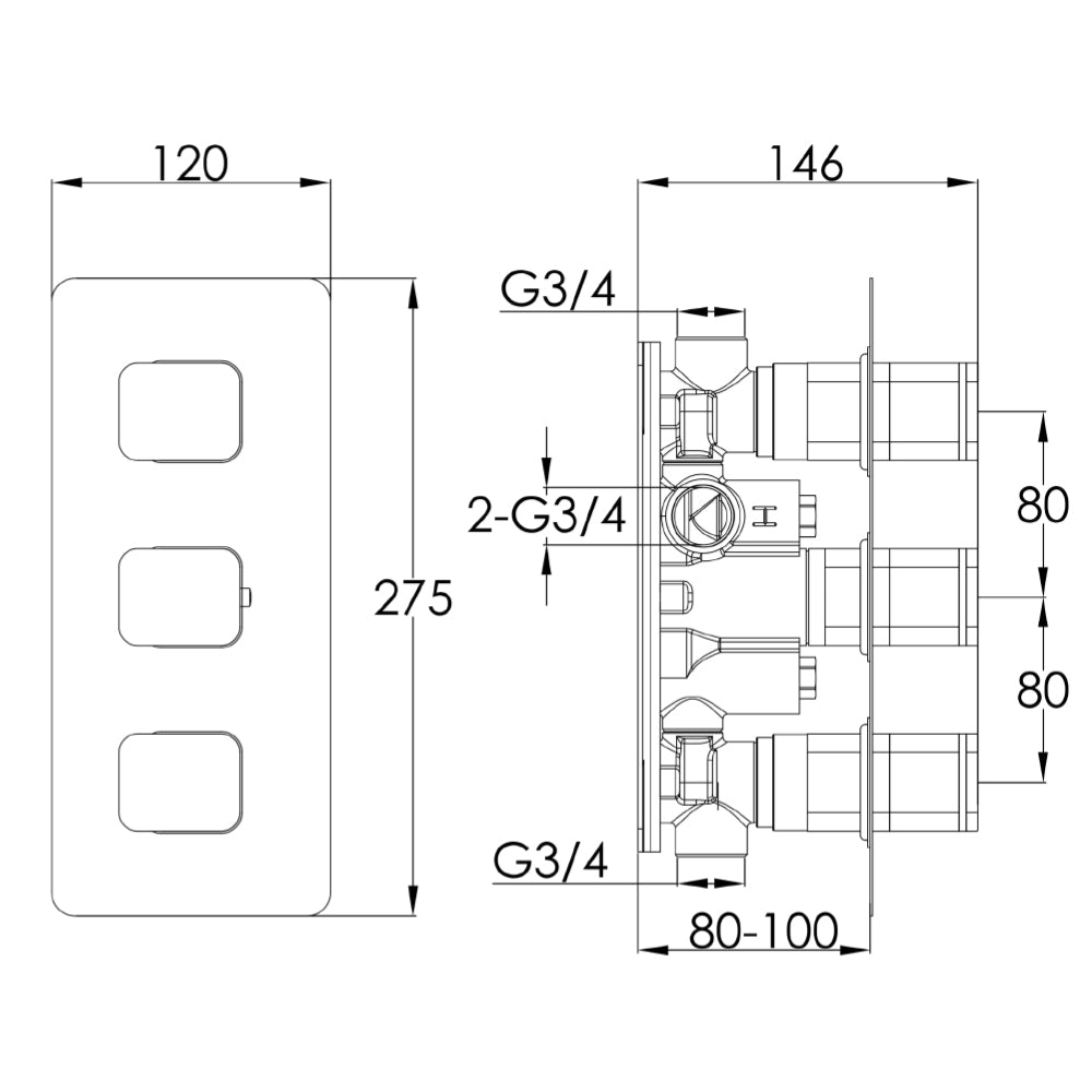 Thermostatic Concealed 2 Outlet Shower Valve Technical Drawing