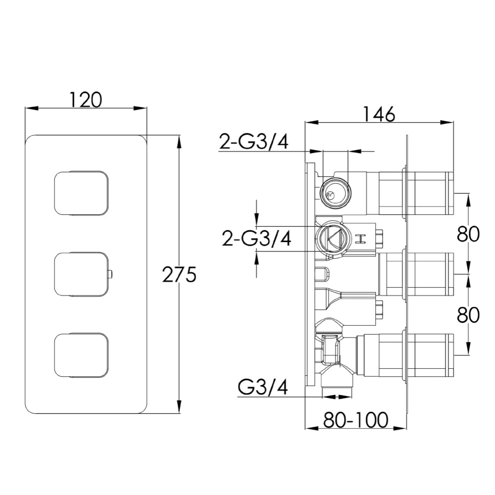 Thermostatic Concealed 3 outlet Shower Valve Technical Drawing