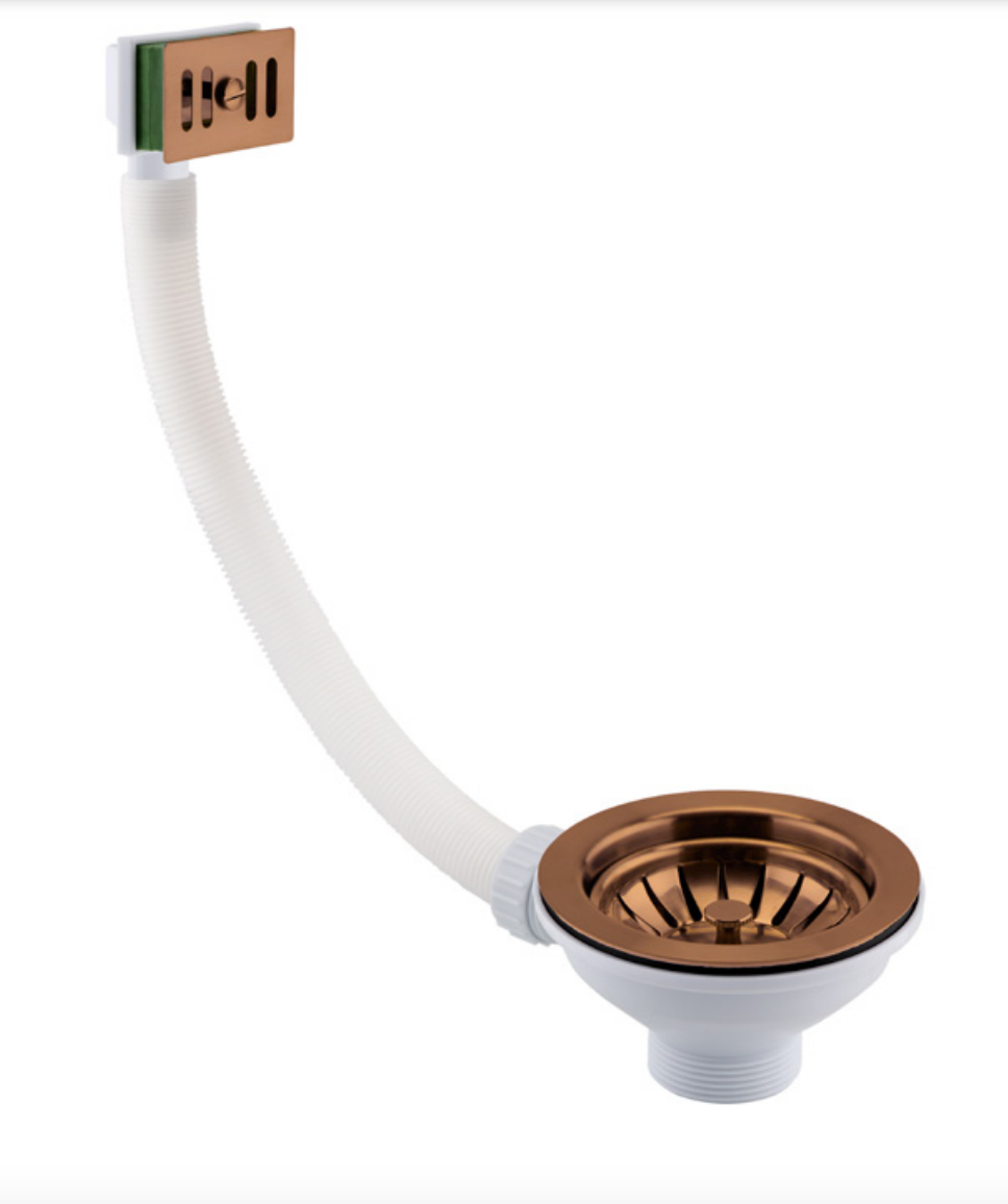Rose Gold Kitchen Sink Waste with Square Overflow, Cover and Basket Strainer