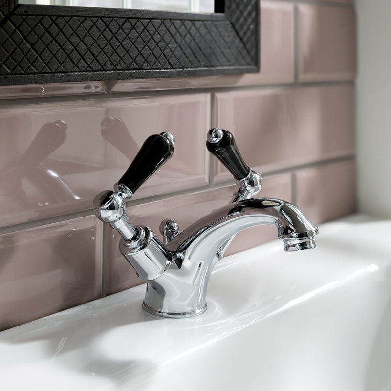 Black Twin Lever Basin Mixer Taps With Pop-up Waste 