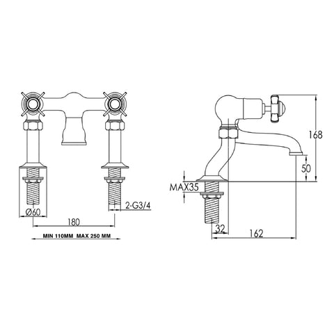 Deck Mounted Bath Filler Tap - Nickel Technical Drawing