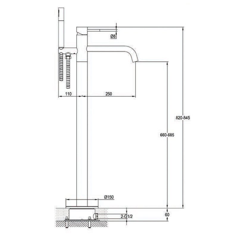 Floorstanding Bath Mixer Kit Technical Drawing-Tapron