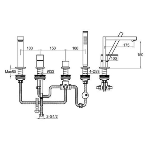  Bath Shower Mixer with Pull-out Handset Technical Drawing - Tapron