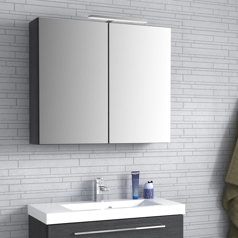 Bathroom Mirror Cabinet with Light and Shaver Plug Black 800mm installed on a bathroom wall vanity unit underneath basin mixer tap