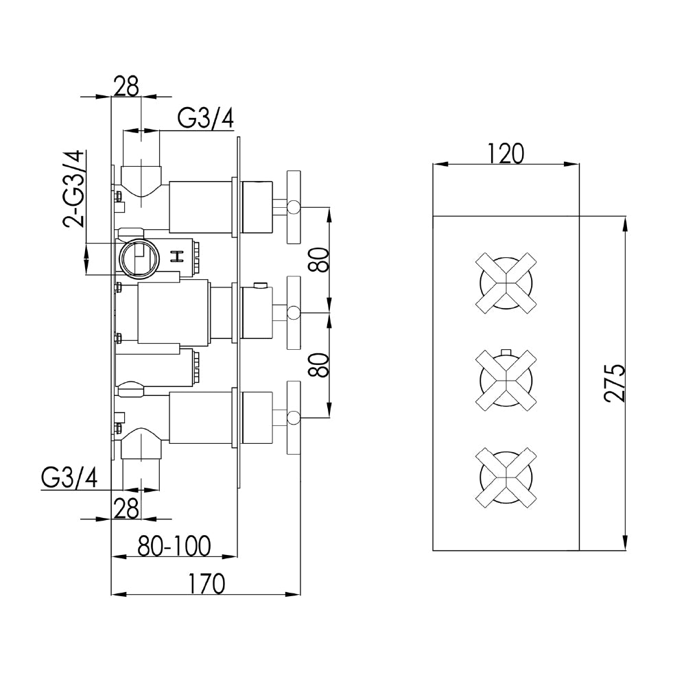 thermostatic shower mixer valve technical drawing - tapron
