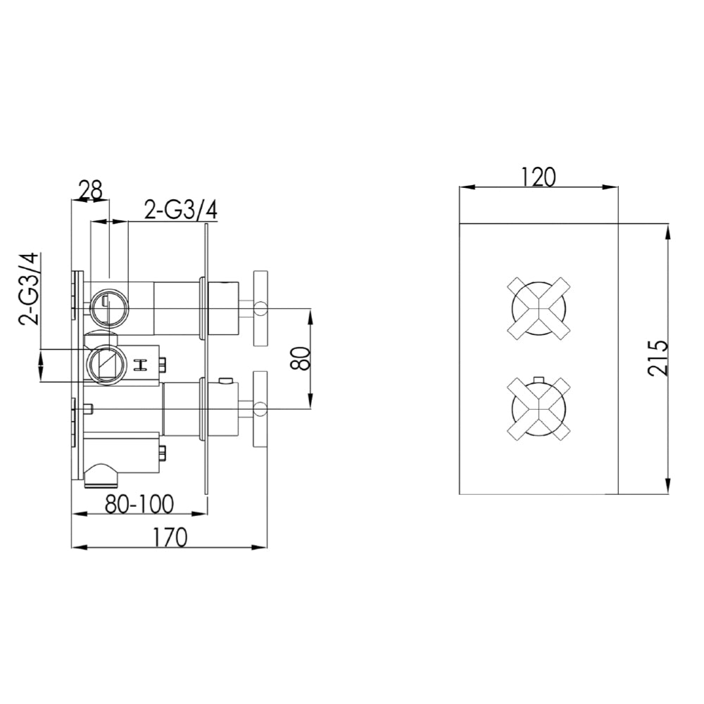 Black Thermostatic Concealed 2 Outlet Shower Valve technical drawing Tapron