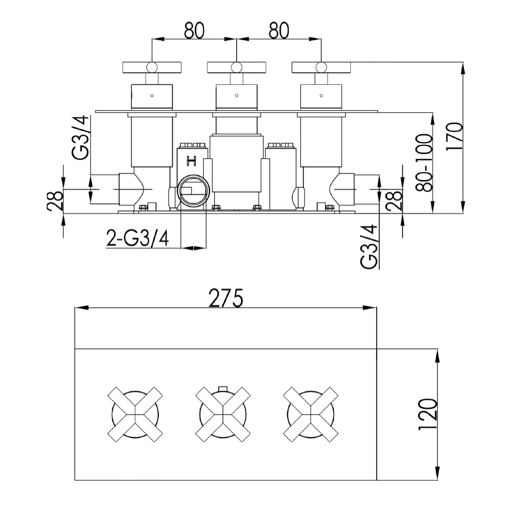 Black Thermostatic Concealed 2 Outlet Shower Valve, Horizontal  technical drawing - Tapron