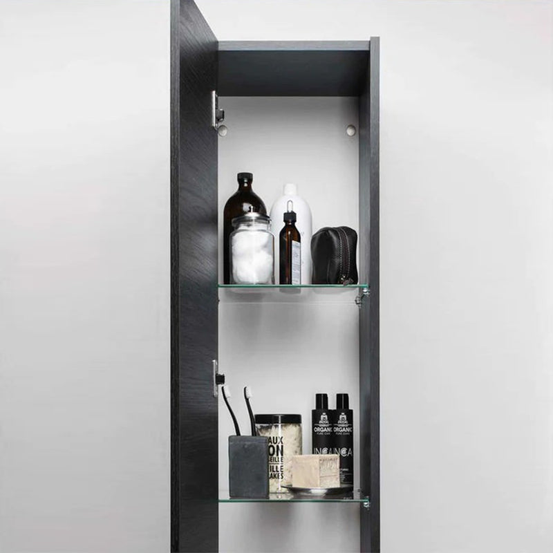 Black single door side bathroom cabinet with door opened and bathroom toiletries on its shelves