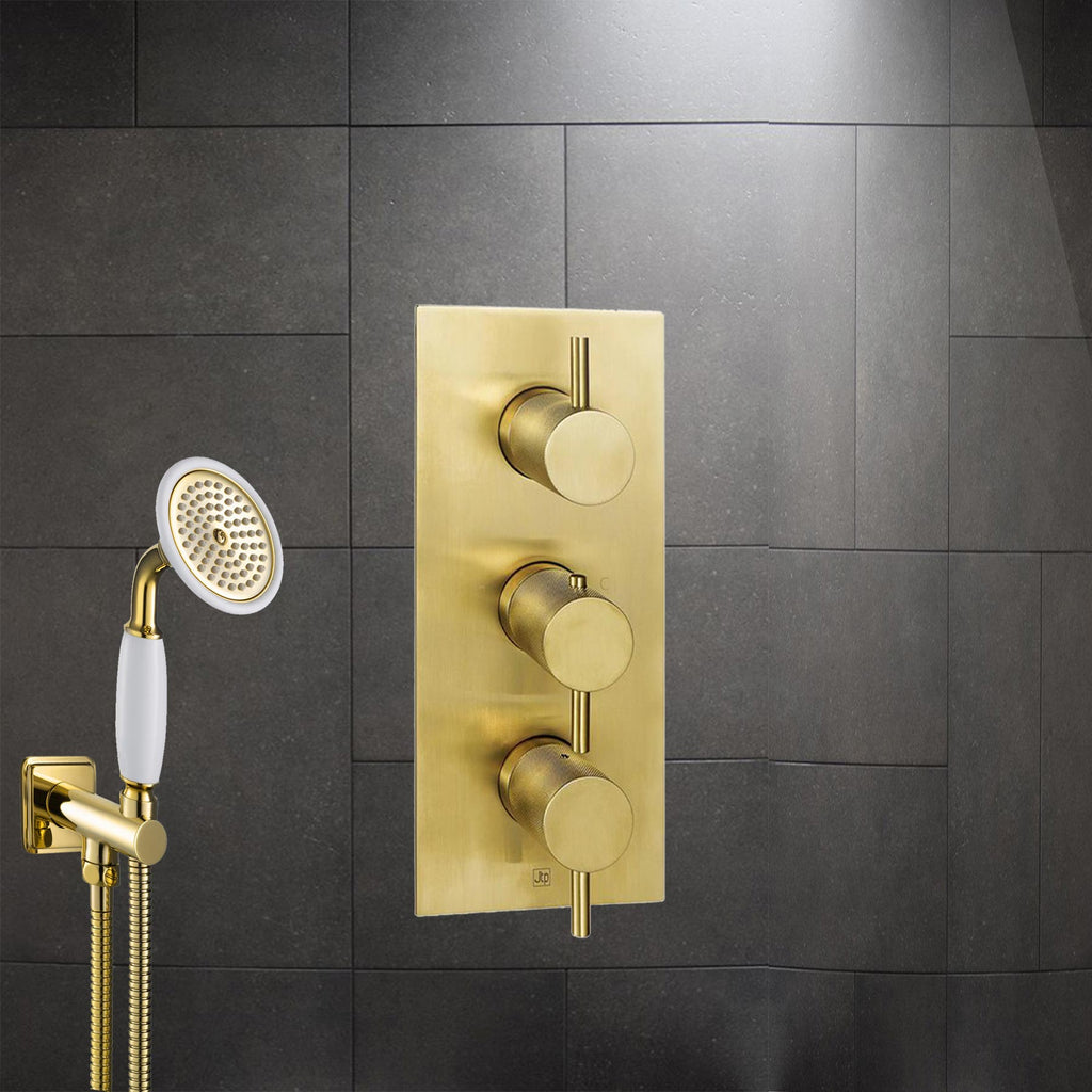 Brushed Gold 3 Outlet Thermostatic Concealed Shower Valve with Designer Handle and Vertical Orientation