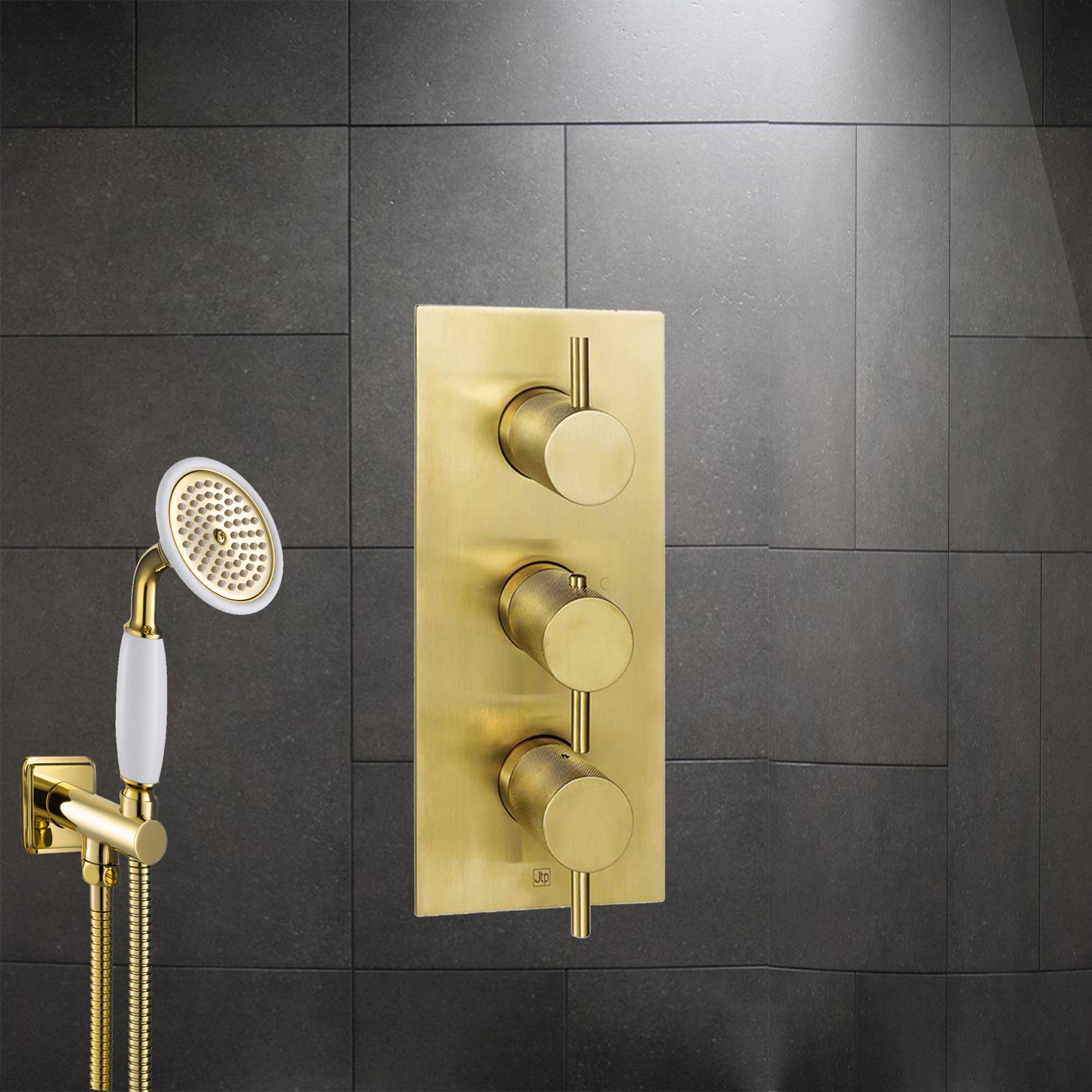 Brushed Gold 3 Outlet Thermostatic Concealed Shower Valve with Designer Handle and Vertical Orientation