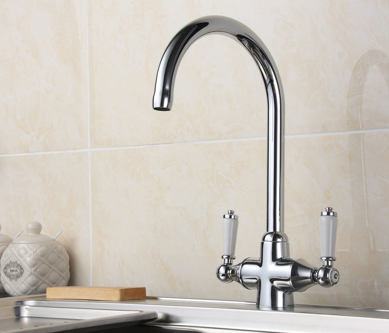 Chelsea Twin Lever Traditional Kitchen Mixer Tap - Polished Chrome