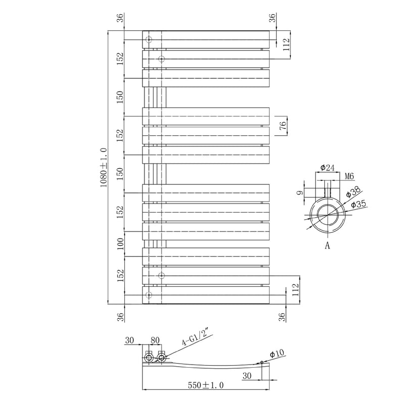 Technical Drawing - CLEO Black Flat Panel Towel Radiator -1080 X 550