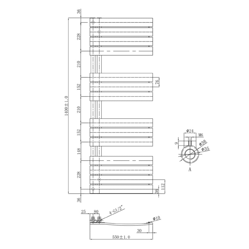 CLEO Stainless Steel Open-Side Heated Towel Rail Radiator Technical Drawing