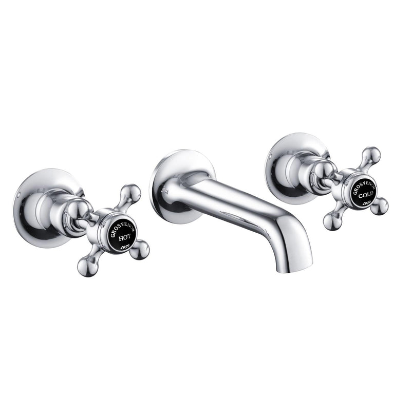 Chester Black Crosshead Wall Mounted Basin Mixer. Separate crosshead black controls for hot and cold supply beautifully marked with hot and cold black indices