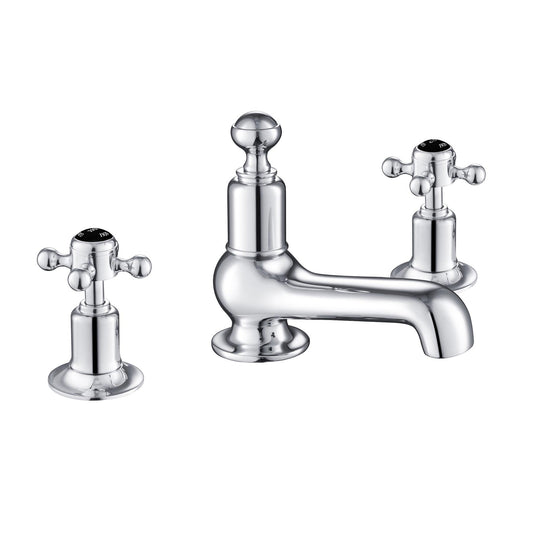 Chester Black Crosshead 3 Hole Long Nose Basin Mixer. Handles for easy grip which work as separate controls for hot and cold supply beautifully marked with hot and cold black indices 1800