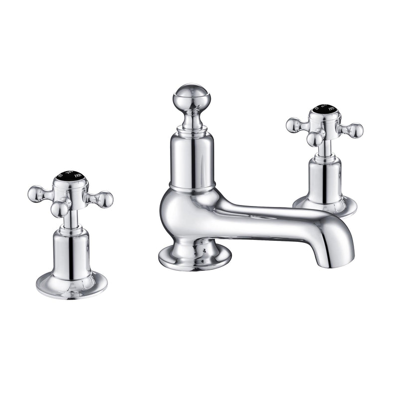 Chester Black Crosshead 3 Hole Long Nose Basin Mixer. Handles for easy grip which work as separate controls for hot and cold supply beautifully marked with hot and cold black indices