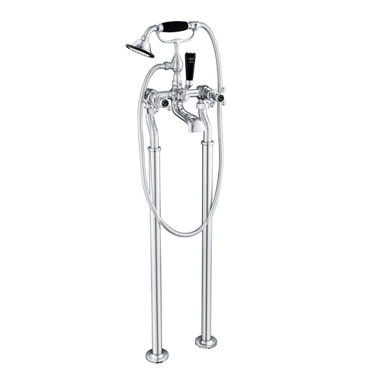 Chester Black Crosshead Floorstanding Bath Shower Mixer with Shower Kit. This statement piece is notable by its sculpted valves, glazed in the twin crosshead levers, wide-mouth bath spout, telephone-style handset shower with hose and linked cradle holder, and bath legs with floor covers for a final touch 1800