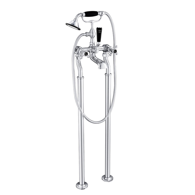 Chester Black Crosshead Floorstanding Bath Shower Mixer with Shower Kit. This statement piece is notable by its sculpted valves, glazed in the twin crosshead levers, wide-mouth bath spout, telephone-style handset shower with hose and linked cradle holder, and bath legs with floor covers for a final touch