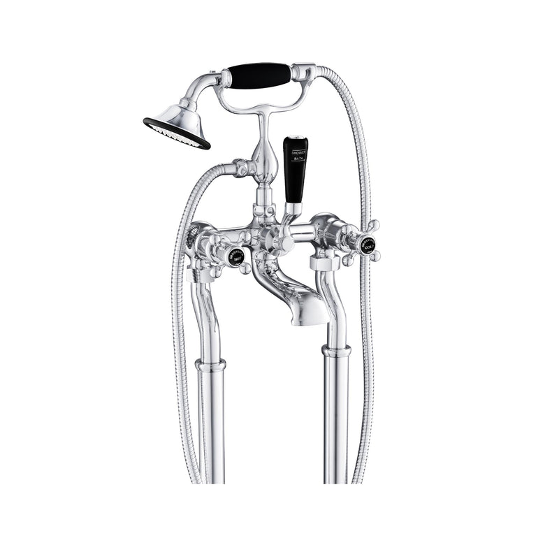 Close-Up of Chester Black Crosshead Floorstanding Bath Shower Mixer with Shower Kit. This statement piece is notable by its sculpted valves, glazed in the twin crosshead levers, wide-mouth bath spout, telephone-style handset shower with hose and linked cradle holder, and bath legs with floor covers for a final touch