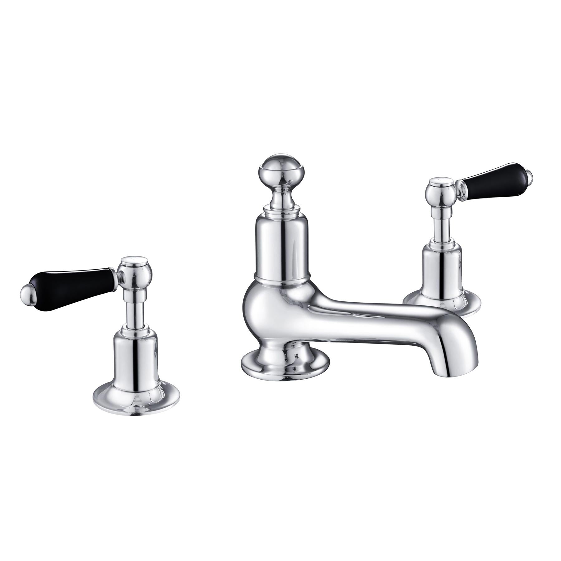 Chester Black Lever 3 Hole Deck Mounted Basin Mixer. Designed with tradition in mind, this three-part tap has a central spout to deliver water at the perfect temperature due to the thermostatic controls.