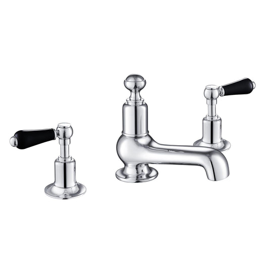Chester Black Lever 3 Hole Deck Mounted Basin Mixer. Designed with tradition in mind, this three-part tap has a central spout to deliver water at the perfect temperature due to the thermostatic controls. 1800