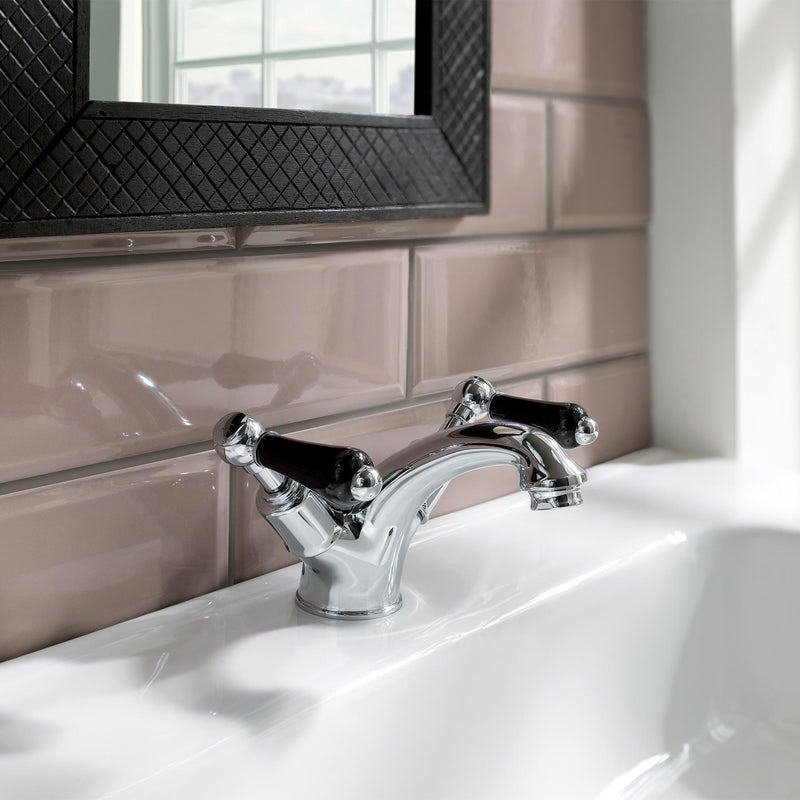 Black Twin Lever Basin Mixer Taps With Pop-up Waste and Internal Aerator to Dispense Temperature Evenly with Ceramic Disc Cartridges in Chrome, MP 0.2