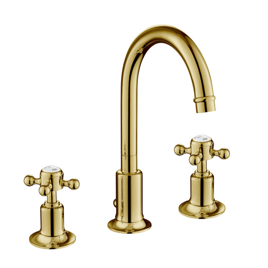 Antique Chester Cross 3 Hole Basin Gold Tap for Bathroom constructed using Brass with Brushed Brass finish, LP 0.2 1800