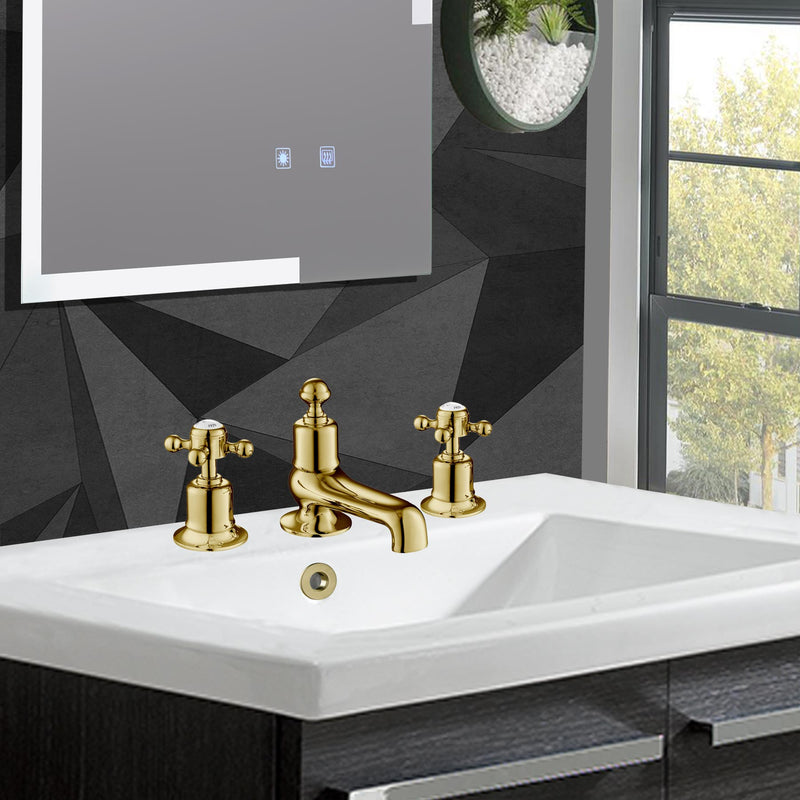 Designer Chester Cross 3 Hole Deck Mounted Brushed Gold Basin Taps with High-Quality Brass Construction