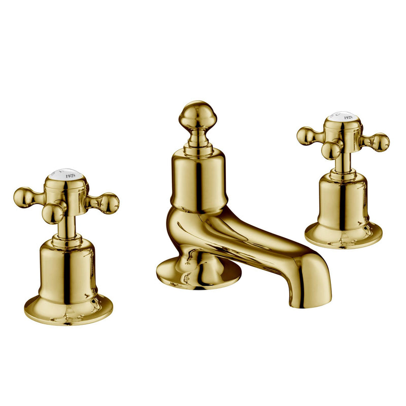 Cross 3 Hole Deck Mounted Brushed Gold Basin Taps with High-Quality Brass Construction and Leak-Proof Technology