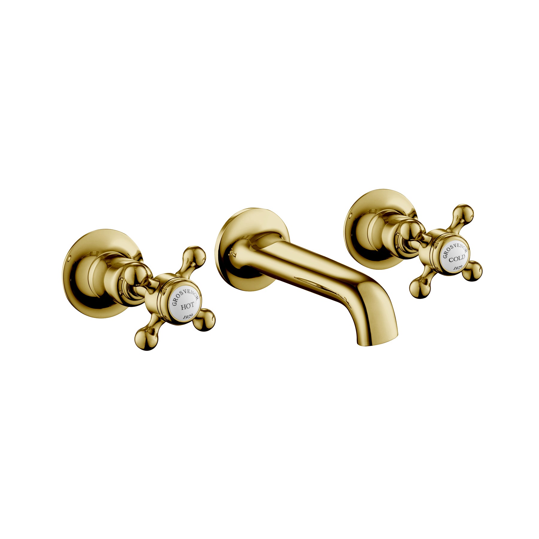 Cross 3 Hole Gold Basin Taps with Wall Mounted Fitting and Precise control Handles for water flow and temperature, Main image