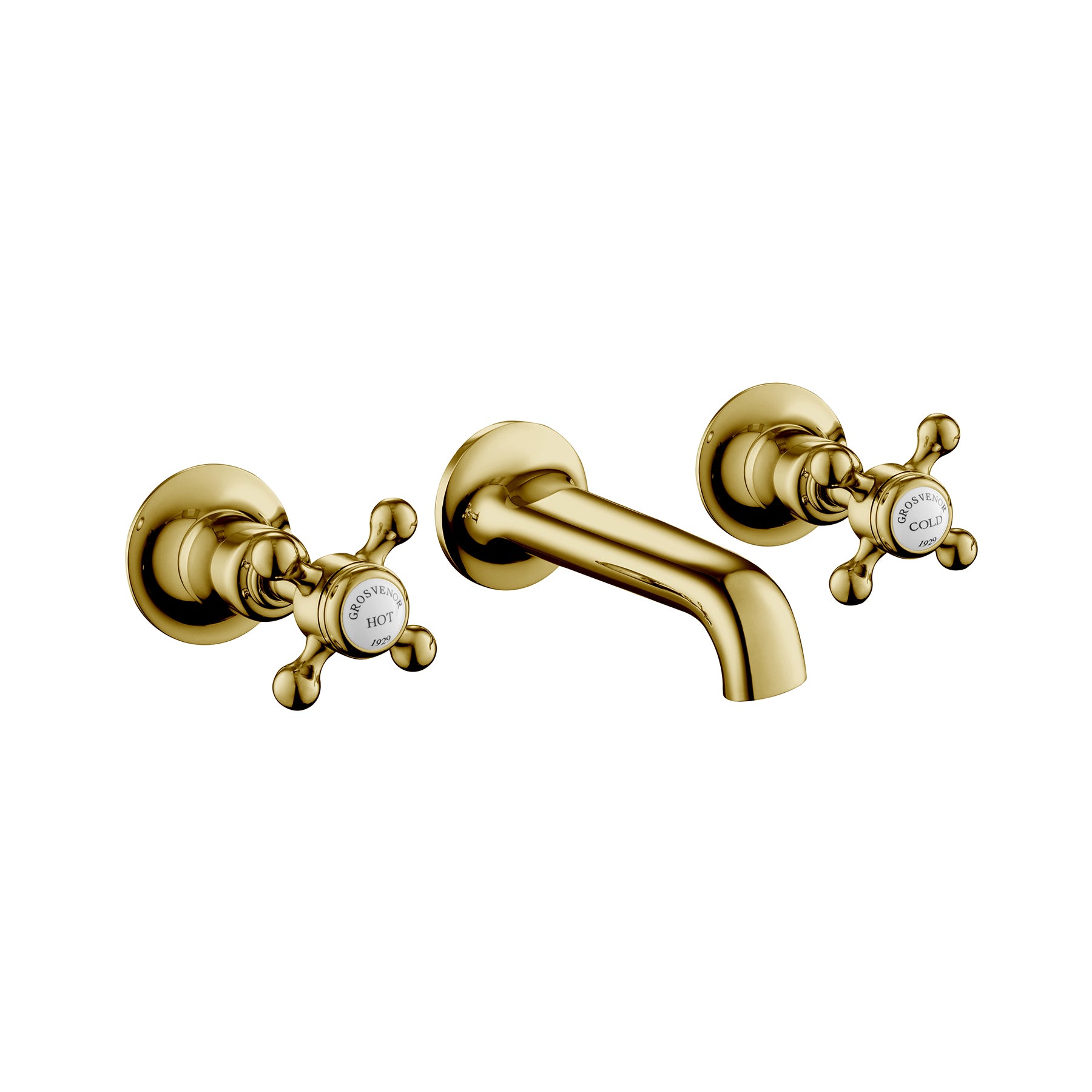 Cross 3 Hole Gold Basin Taps with Wall Mounted Fitting and Precise control Handles for water flow and temperature,