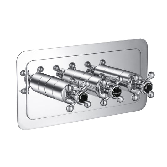 Chester Crosshead Black 3 Outlet Concealed Thermostatic Shower Valve - Horizontal. This thermostatic shower valve, its 3 outlets can control the temperature and water flow of both your shower and bath. 1800