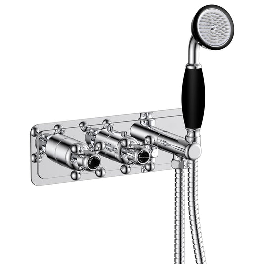 Chester Cross Thermostatic Concealed 2 Outlet Valve and Handset. This Chester cross has a fingertip control with two outlet valves, a 1.5m flexible hose, and a stylish, comfortable gripping handset completing an elegant shower kit. 1800
