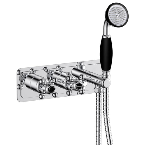 Chester Cross Thermostatic Concealed 2 Outlet Valve and Handset. This Chester cross has a fingertip control with two outlet valves, a 1.5m flexible hose, and a stylish, comfortable gripping handset completing an elegant shower kit.