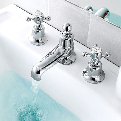 Chrome Chester Crosshead 3-Hole Long Nose Basin Mixer, use crossheads sitting on either side of its spout, you will be able to easily control the water flow and temperature of your new mixer