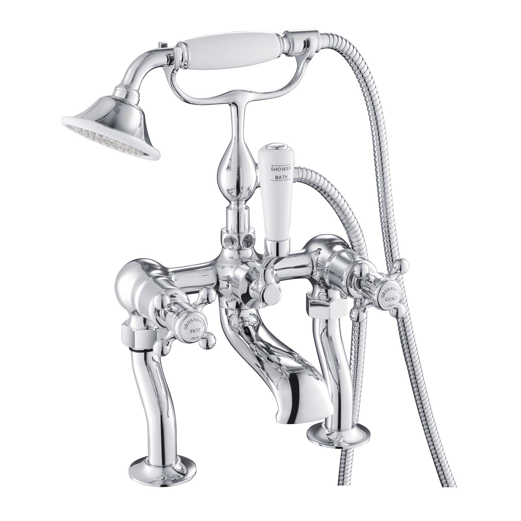 The Chester deck mounted bath mixer with shower handset provides a shower handset and connecting hose, while the flared spout is an angled drop
