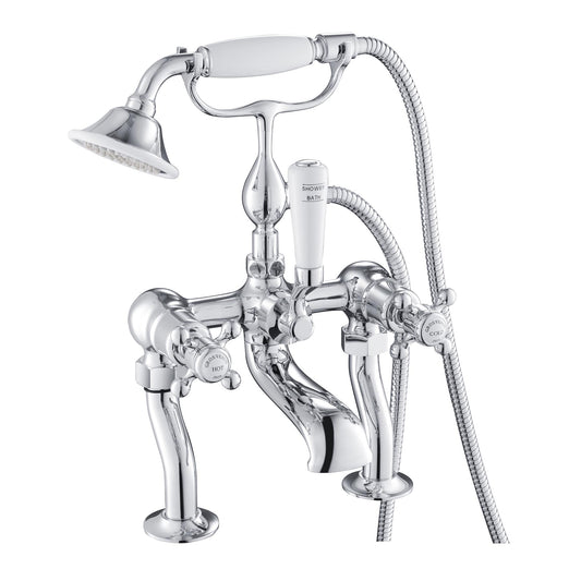 The Chester deck mounted bath mixer with shower handset provides a shower handset and connecting hose, while the flared spout is an angled drop 1800