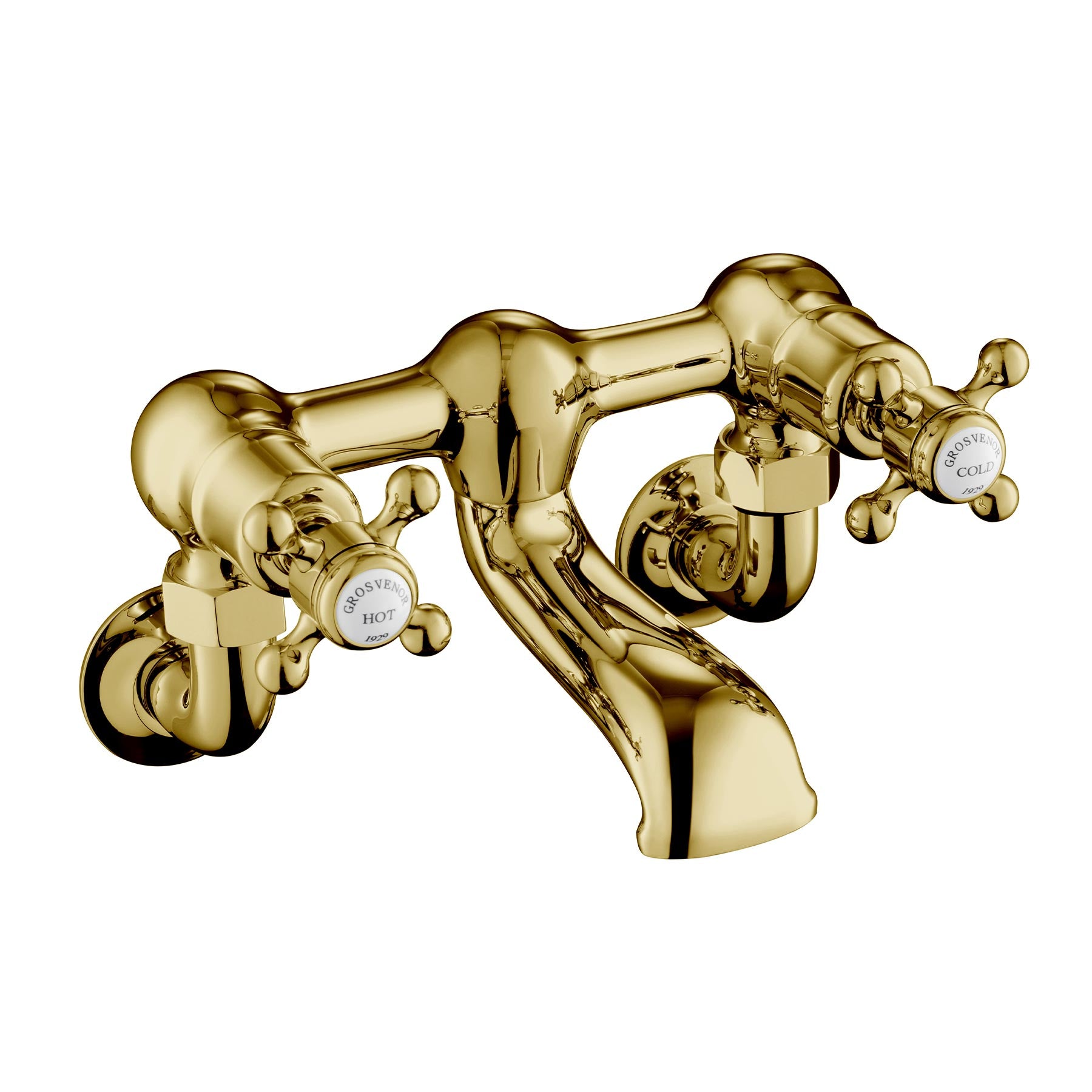 Chester Gold Cross Bath filler wall mounted. Manufactured from solid brass and ceramic disc technology, it prevents drips and prolongs the life of your bath filler