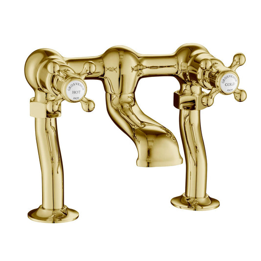Chester Gold Cross Deck Mounted Bath Filler. Manufactured from solid brass and ceramic disc technology, it prevents drips and prolongs the life of your bath filler. 1800