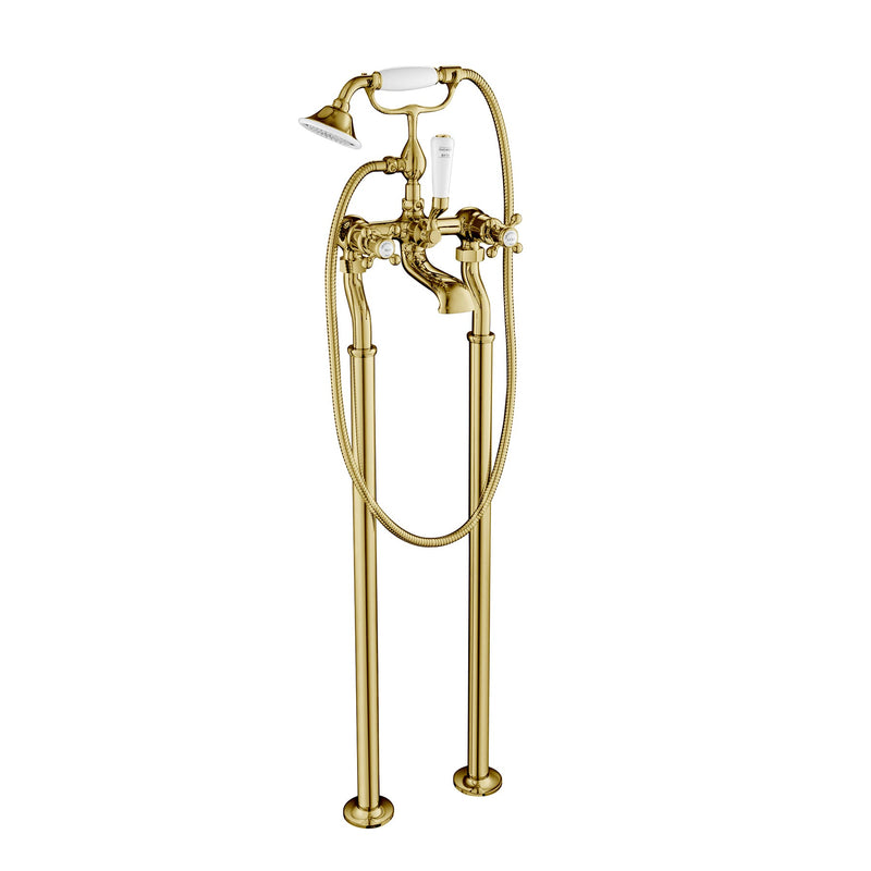 Chester Gold Cross Floor Standing bath shower mixer with kit. Manufactured from solid brass and ceramic disc technology, it prevents drips and prolongs the life of your bath Mixer Tap
