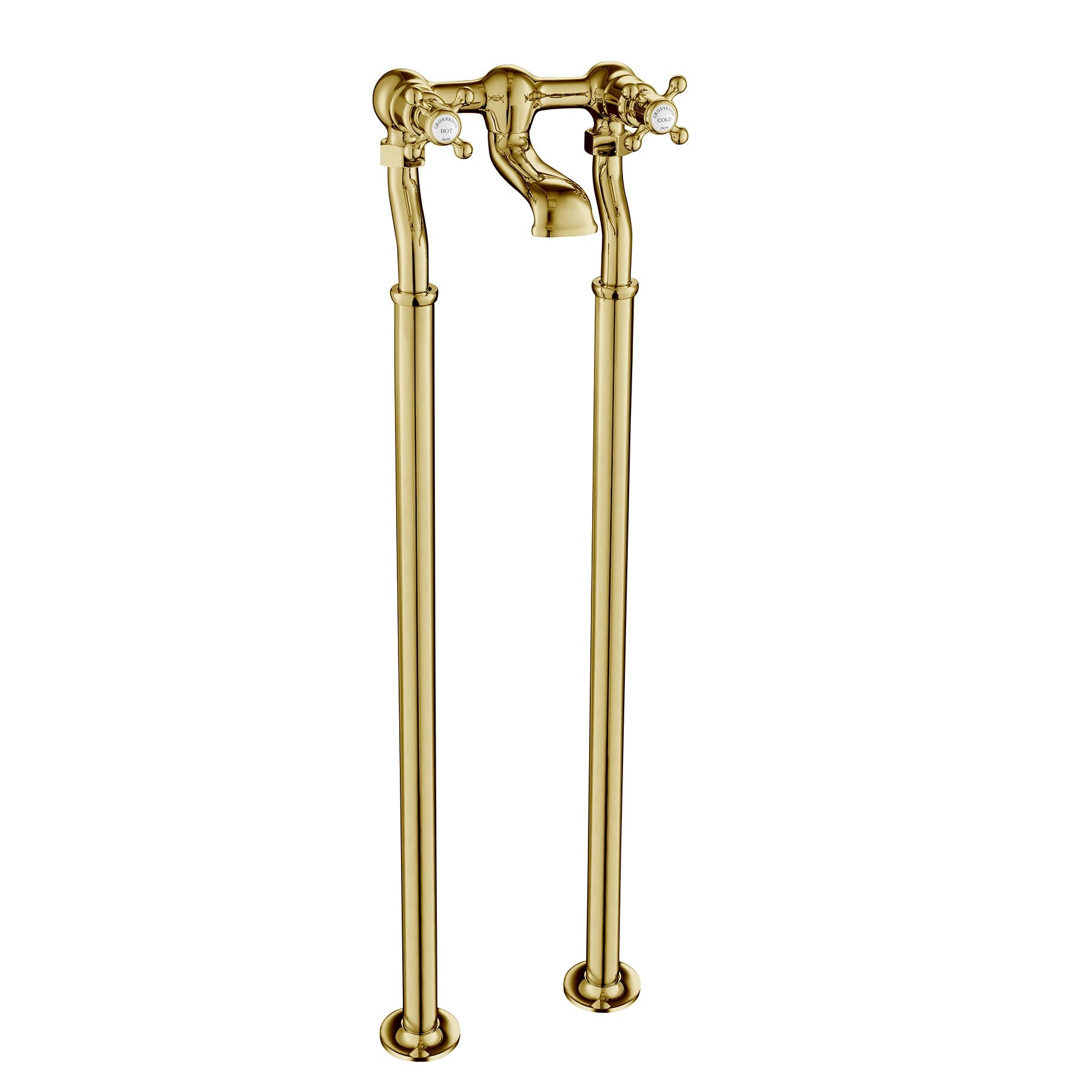 Chester Gold Cross Free Standing bath filler.The Bath Filler is 958mm high and projects 162mm, Manufactured from solid brass and ceramic disc technology, it prevents drips and prolongs the life of your bath filler. 